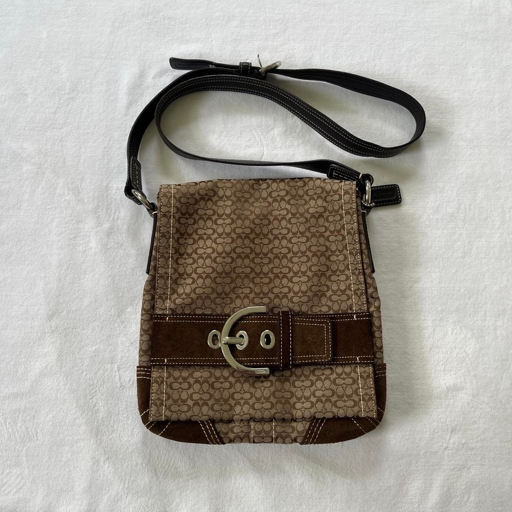 Y2K Coach monogram canvas suede buckle cross body bag brown tan G050-3644